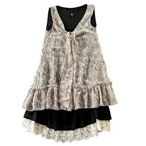 RU Layered Tunic Dress Floral Paisley Lace Trim Black Cream Boho Grunge Festival